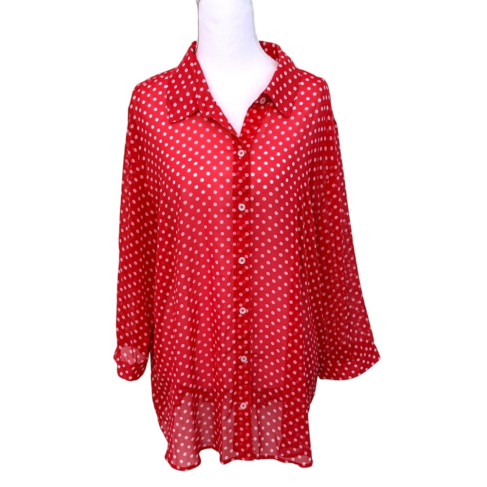 Susan Graver‎ Button Down Shirt Womens L Coral Polka Dot Sheer Chiffon Oversized